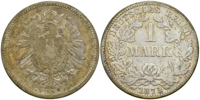 Германия 1 марка 1873 A Weege 17, J. 9, KM 7 серебро 98-1225