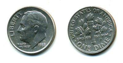США 10 ЦЕНТОВ = 1 ДАЙМ 1988 P, РУЗВЕЛЬТ KM 195а медь плакированная медно-никелем 46-2466