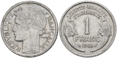 Франция 1 франк 1948 тип Морлон KM 885а.1 алюминий    4153-425