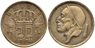 Бельгия 20 сантимов 1954 Belgie, Бодуэн I (1951-1993) KM 147.1 бронза 4392-848