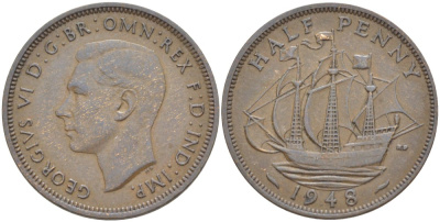 Великобритания 1/2 пенни 1948 Георг VI (1936-1952) KM 844, Spink 4115 бронза 77-343