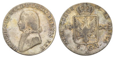 Пруссия 4 гроша 1804 A, Фридрих Вильгельм III (1797-1840) KM 370 серебро 1523-414