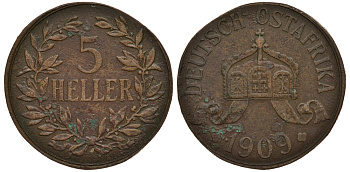 НЕМЕЦКАЯ ВОСТОЧНАЯ АФРИКА (ТАНЗАНИЯ) 5 ГЕЛЛЕРОВ 1909 J - OST-AFRICA Jaeger 717, KM 11 бронза 3896-1215