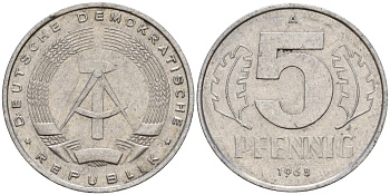 ГДР 5 пфеннигов 1968 A KM 9.1 алюминий 211-1131