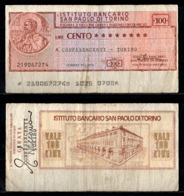 Италия 100 лир ND (1975-1977) банковский чек Pick G 1332 b бумага 7375-40-1-1