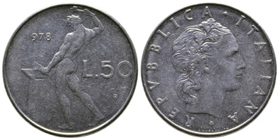 Италия 50 лир 1978 R, бог огня Вулкан у наковальни KM 95.1 нержавеющая сталь    4606-132