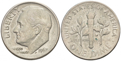 США 10 центов (дайм) 1967 Рузвельт KM 195a медь плакированнаяч медно-никелем 73-161