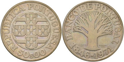 Португалия 50 эскудо 1971 INCM, 125 лет Банку Португалии KM 601 серебро aUNC 4552-1124