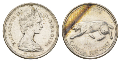 Канада 25 центов 1967 пума, 100 лет Конфедерации Канада, Ссеребро 0.800, вес 5,83 гр, диаметр 23,88 мм KM 67 серебро 4622-916