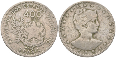 Бразилия 400 реалов 1901 MCMI, голова свободы вправо KM 505 медно-никель 4612-446