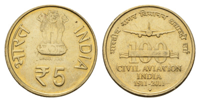 Индия 5 рупий 2011 100 лет гражданской авиации KM 397 никель латунь UNC 4119-945