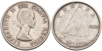 Канада 10 центов 1953 Елизавета II (1952-), парусник KM 51 серебро 4585-721