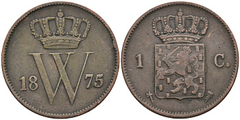 Нидерланды 1 цент 1875 Виллем III (1849-1890) KM 100 медь 4575-931