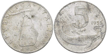 ИТАЛИЯ 5 ЛИР 1955 R, РУЛЬ, ДЕЛЬФИН KM 92 алюминий 175-123