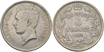 Бельгия 5 франков 1932 Belges, Альберт I (1909-1934) KM 97 никель 4157-1121