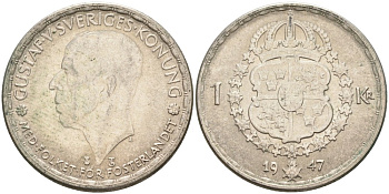 Швеция 1 крона 1947 TS, Густав V (1907-1950) KM 814 серебро 3457-122