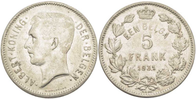 БЕЛЬГИЯ 5 ФРАНКОВ 1931 АЛЬБЕРТ I, DER BELGEN KM 98 никель 3851-345