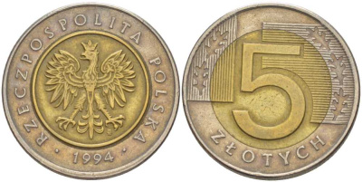 Польша 5 злотых 1994 MW KM 284 биметалл 89-1856