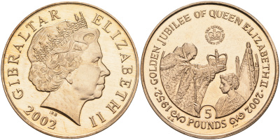 Гибралтар 5 фунтов 2002 50 лет коронации Елизаветы II (1952-2002) KM 1011 никель медь цинк 00-00