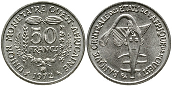 ВАЛЮТНЫЙ СОЮЗ СТРАН ЗАПАДНОЙ АФРИКИ 50 ФРАНКОВ 1972 FAO, ФЕДЕРАЦИЯ KM 6 медно-никель UNC 4538-255