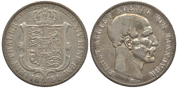 Брауншвейг-Каленберг-Ганновер 1 талер 1851 B, Эрнст Август (1837-1851) КМ 209.2, Jaeger 63, Kahnt 224, AKS 134 серебро 00-807-33