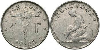 Бельгия 1 франк 1923 Belgique, Альберт I (1909-1934) KM 89 никель 51-1955