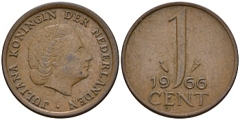 Нидерланды 1 цент 1966 Юлиана (1948-1980), малая дата КМ 180 бронза    4124-311