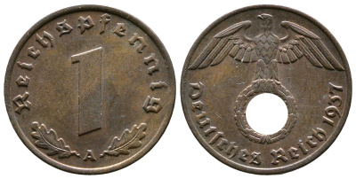 Германия 1 рейхспфенниг 1937 A KM 89, J. 361 бронза    220-226
