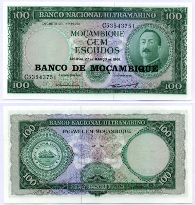 Мозамбик 100 эскудо 1961 (1976) надпечатка на 1961, Айрес де Орнелас  Pick 117 a бумага UNC (пресс) 6299-11-1-2