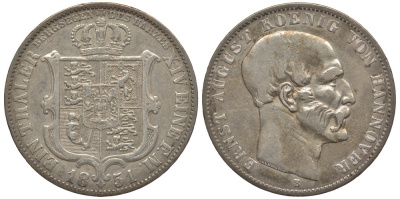 Брауншвейг-Каленберг-Ганновер 1 талер 1851 B, Эрнст Август (1837-1851) КМ 209.2, Jaeger 63, Kahnt 224, AKS 134 серебро 00-00