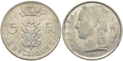 БЕЛЬГИЯ 5 ФРАНКОВ 1978 BELGIQUE, БОДУЭН I (1951-1993) KM 134.1 медно-никель 119-745