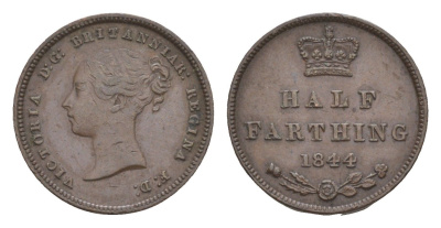 Великобритания 1/2 фартинг 1844 Виктория (1837-1901) KM 738, Spink 3951 бронза 1520-1125