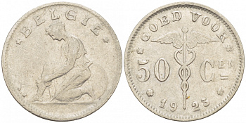 БЕЛЬГИЯ 50 САНТИМОВ 1923 BELGIE KM 88 никель 261-1656