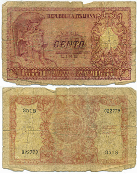 Италия 100 лир 1951 Афина в шлеме, Di Cristina, Cavallaro Pick 92 b бумага 7551-43-4-1
