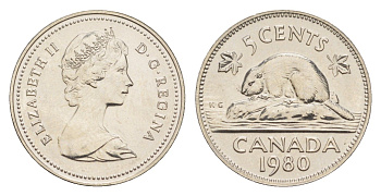 Канада 5 центов 1980 Елизавета II (1952-2022), бобр KM 60.2 никель 4639-512