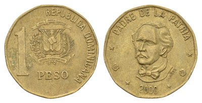 Доминиканская Республика (Доминикана) 1 песо 2000 Хуан Пабло Дуарте KM 80.2 латунь 4663-917