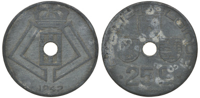 Бельгия 25 сантимов 1942 Belgie-Belgique KM 132 цинк 4163-632
