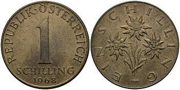 АВСТРИЯ 1 ШИЛЛИНГ 1968 KM 2886 алюминиевая бронза 98-116