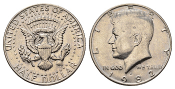 США 1/2 доллара (50 центов) 1982 P, Джон Кеннеди KM A202b медь плакированная медно-никелем UNC 4672-615