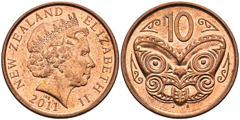 Новая Зеландия 10 центов 2011 маска Маори, Елизавета II (1952-) KM 117а сталь плакированная медью 51-554