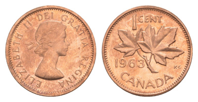 Канада 1 цент 1963 Елизавета II (1952-2022), кленовый лист KM 49 бронза UNC 4639-323