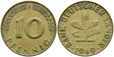 ФРГ 10 ПФЕННИГОВ 1949 J KM 103, J.378 сталь плакированная латунью 73-1124