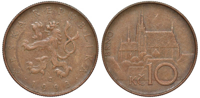 Чехия 10 крон 1993 кафедральный собор, город Брно KM 4 сталь плакированная медью 51-2857