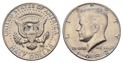 США 1/2 доллара (50 центов) 1982 P, Джон Кеннеди KM A202b медь плакированная медно-никелем UNC 4672-615