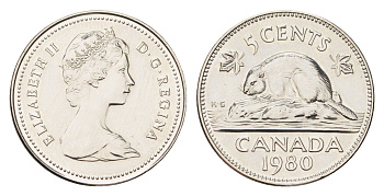 Канада 5 центов 1980 Елизавета II (1952-2022), бобр KM 60.2 никель PROOF-LIKE (BU) 4707-1126