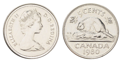 Канада 5 центов 1980 Елизавета II (1952-2022), бобр KM 60.2 никель PROOF-LIKE (BU) 4707-1126