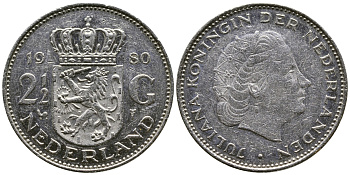 Нидерланды 2 1/2 гульдена 1980 Юлиана (1948-1980) KM 191 никель 4384-1024