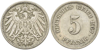 ГЕРМАНИЯ 5 ПФЕННИГОВ 1907 G KM 11, J. 12 медно-никель 105-127