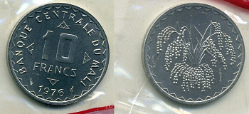 Мали 10 франков 1976 пробный выпуск, ESSAI, в оригинальной упаковке KM E3 алюминий UNC 5010-435