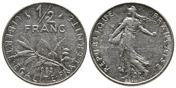 ФРАНЦИЯ 1/2 ФРАНКА 1983 KM 931.1 никель 93-1412